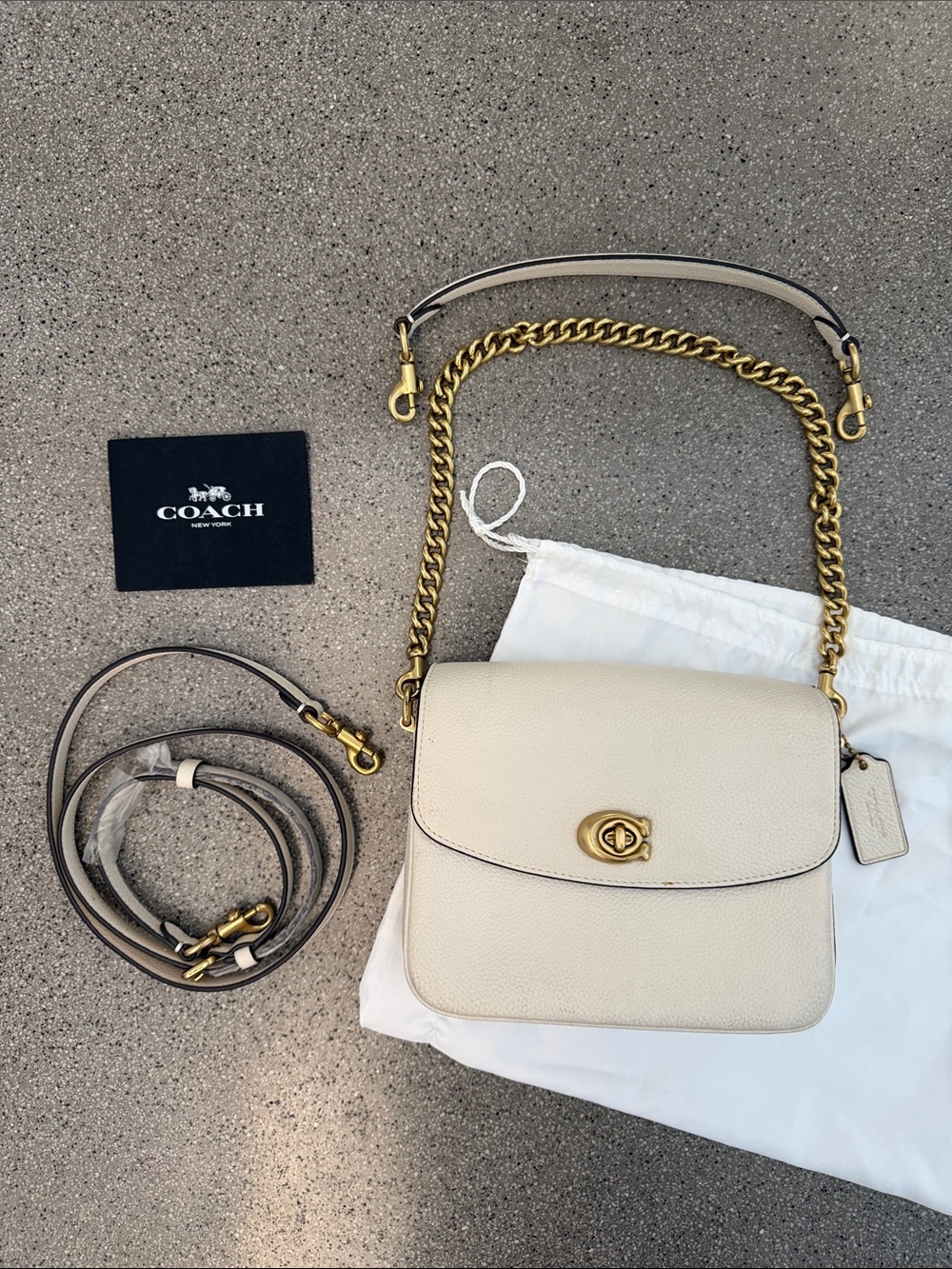 Coach Cream Pebbled Leather Crossbody with Gold Chain and Turnlock